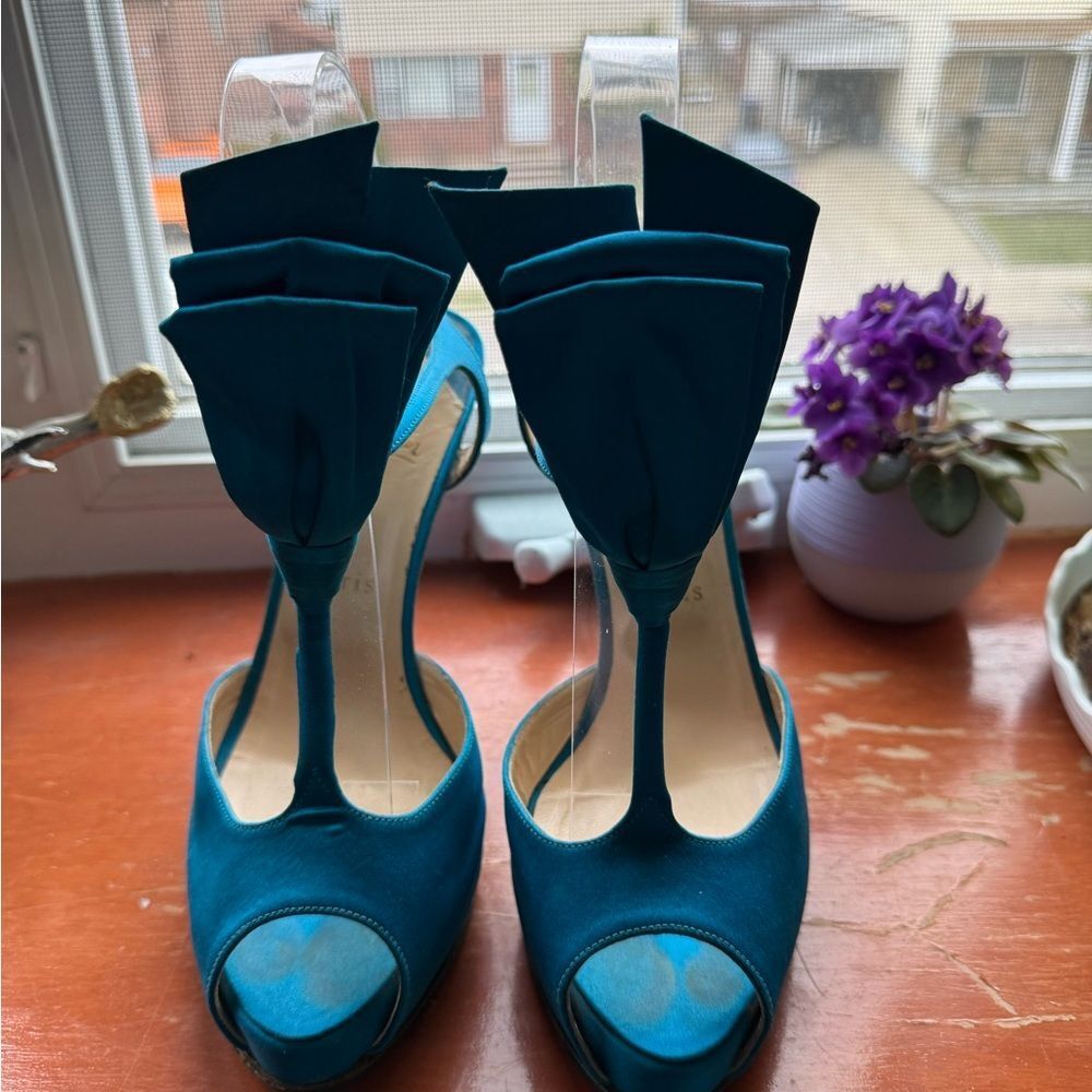 Christian Louboutin Teal Satin T-Strap Peep-Toe Heels with Bow Accent - Women